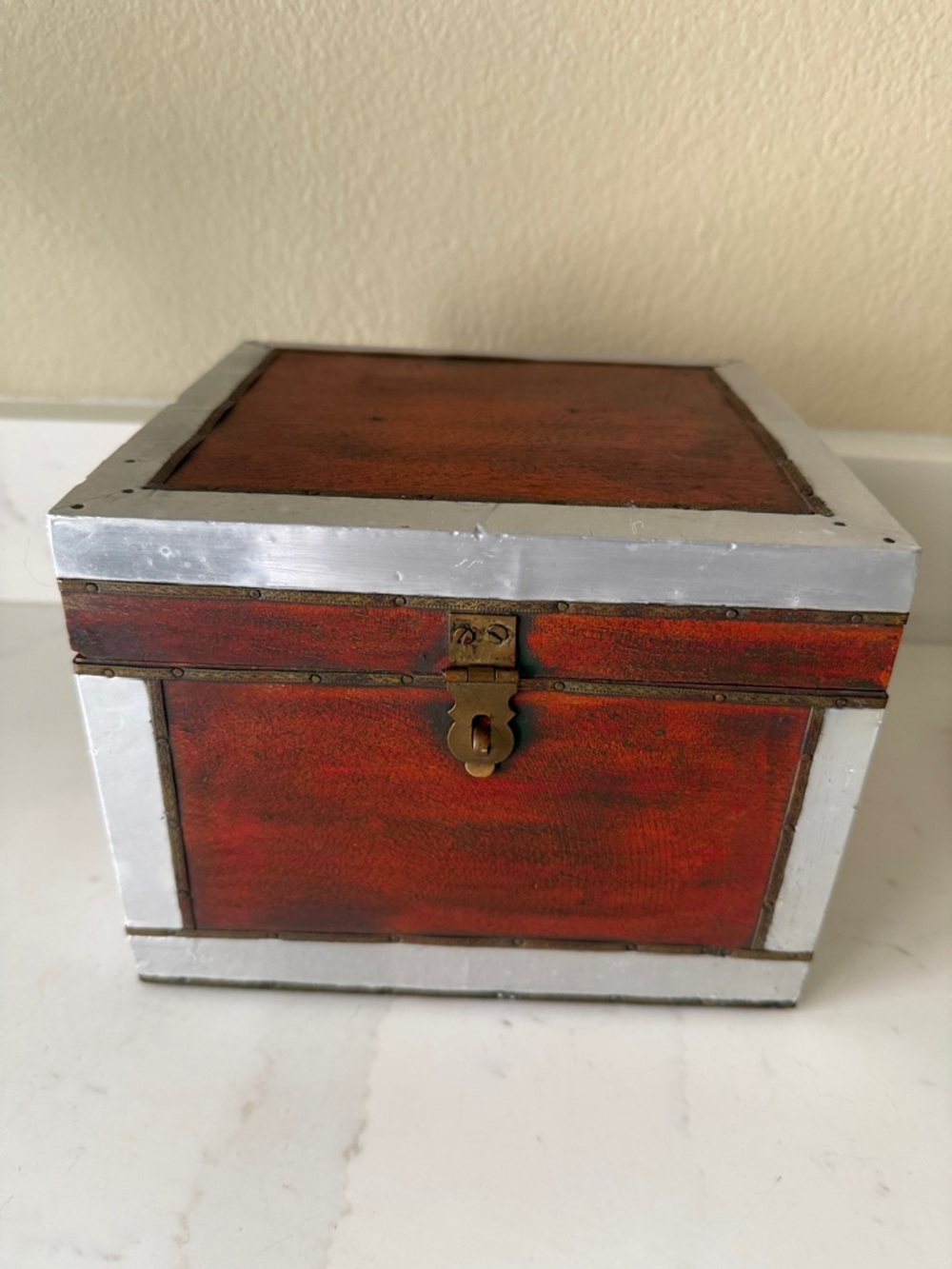 Vintage Handmade Wooden Box with Brass and Aluminum Trim.